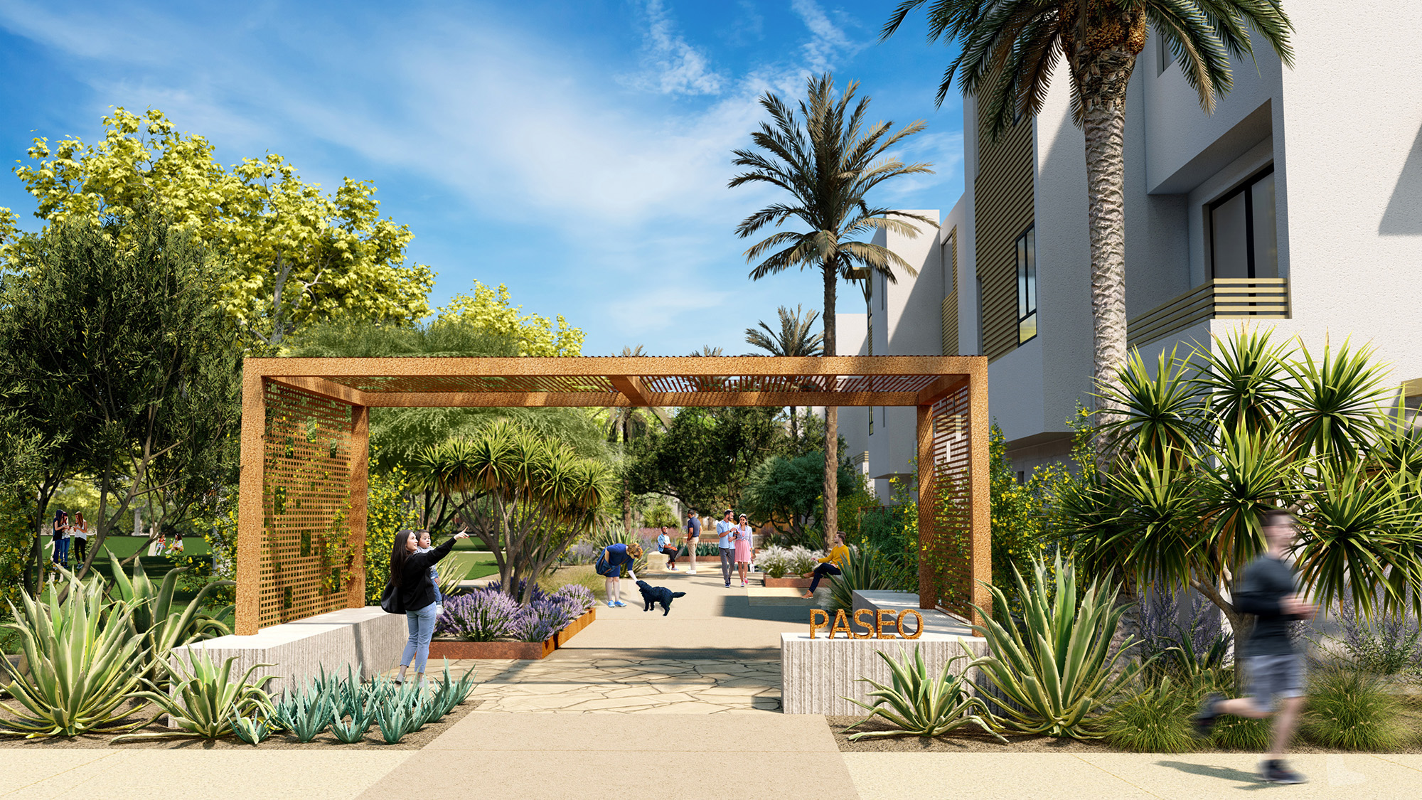 The grounds of the Mason at Epoca community in San Diego, featuring a view of the exteriors of our townhomes for rent.